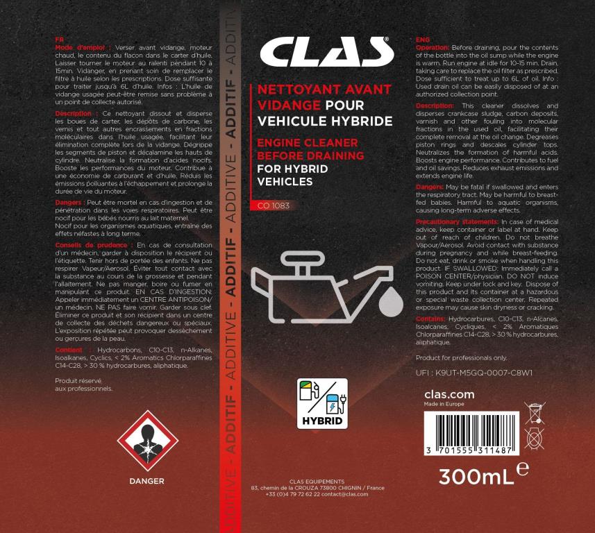 Nettoyant Moteur (Traitement moteur) CLAS Nettoyant avant vidange pour vehicule hybride 300ml - ref. CO 1083